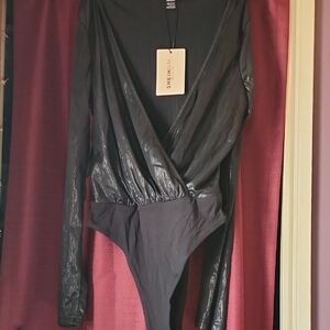 Shein Shiny Black Faux Wrap Bodysuit